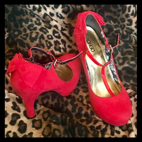 BONGO Shoes - Pinup Rockabilly Red Suede Heels with Bow